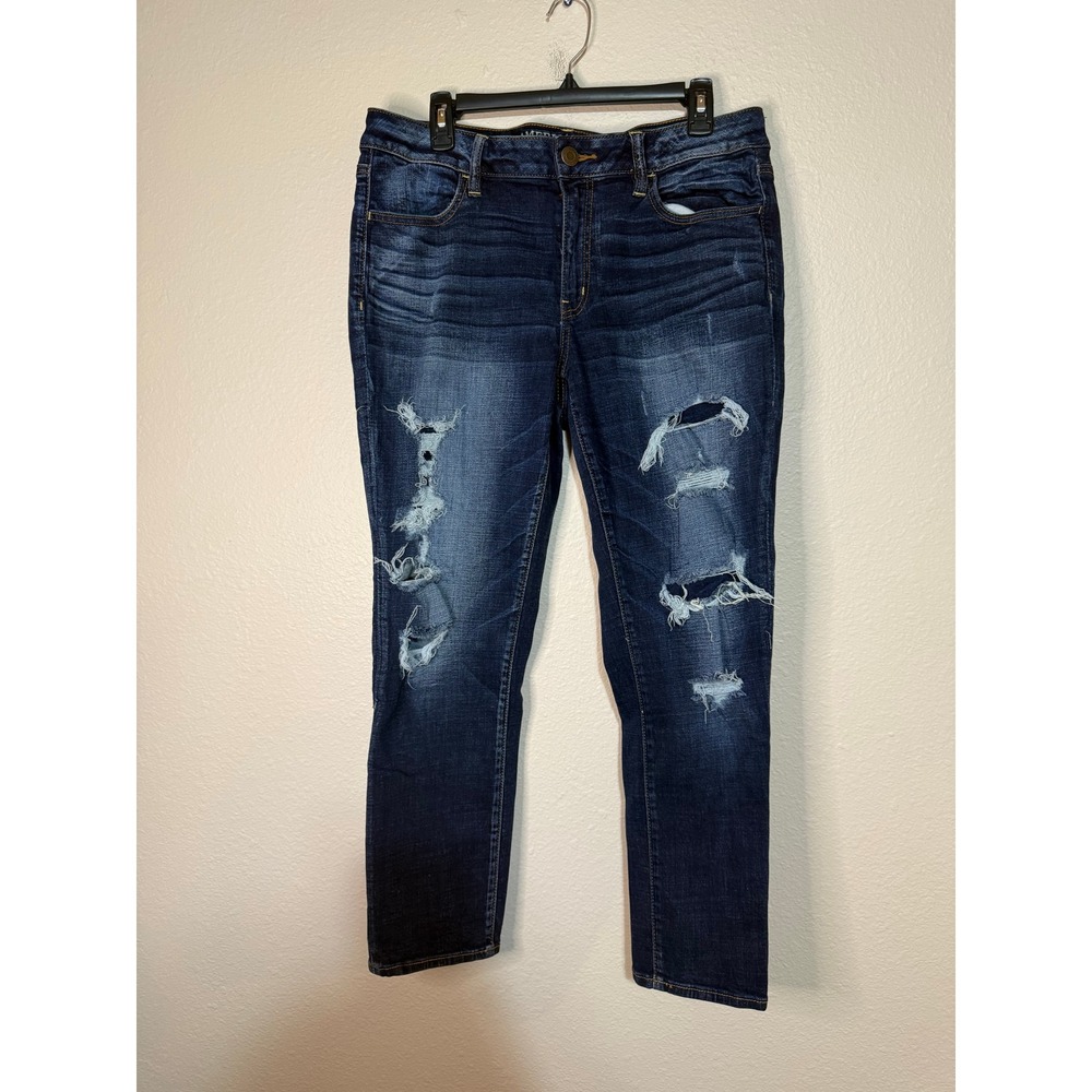 American Eagle Super Stretch Jegging Dark Wash Distressed Jeans 14 Short